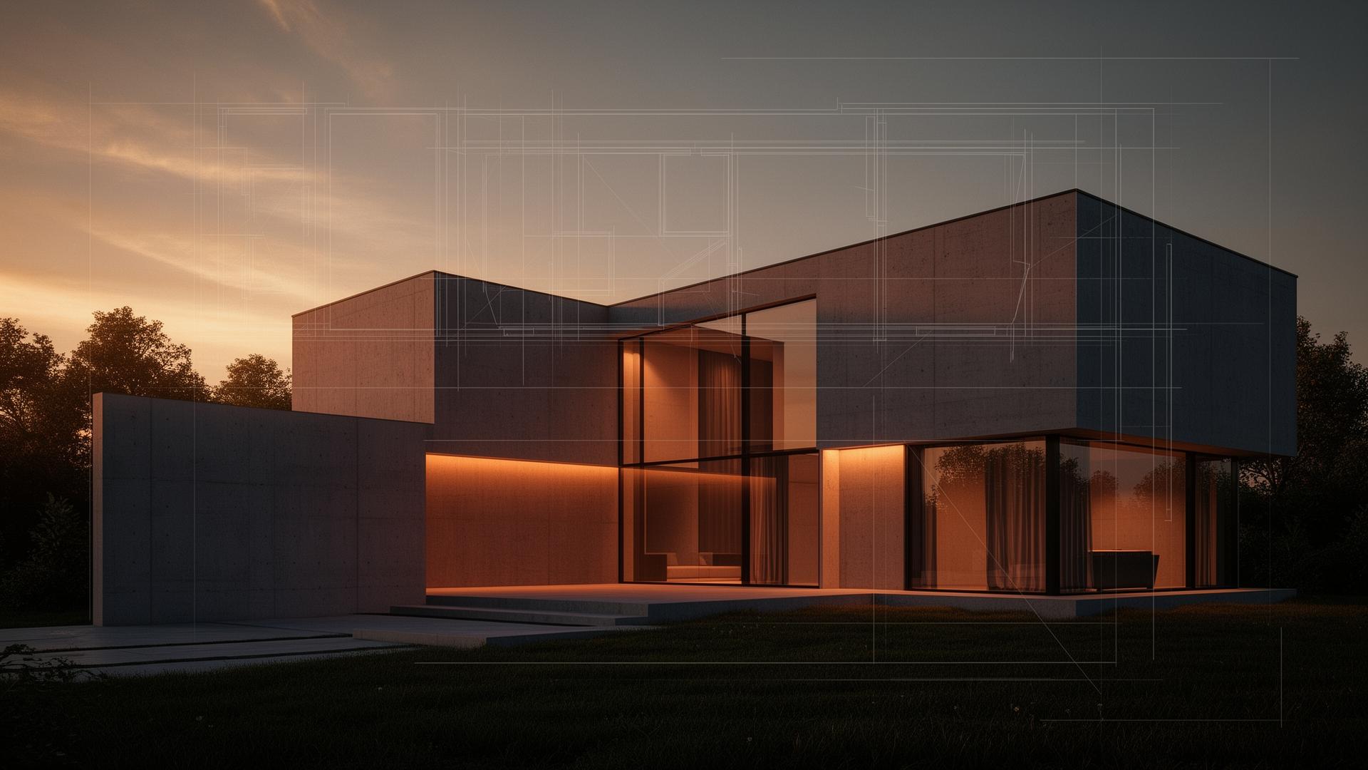 Modern concrete and glass house rendered at golden hour with blueprint overlay